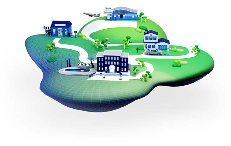 3-D model of a hilly green landscape, with roads running between a hotel, a home, a small shop, and an airport.