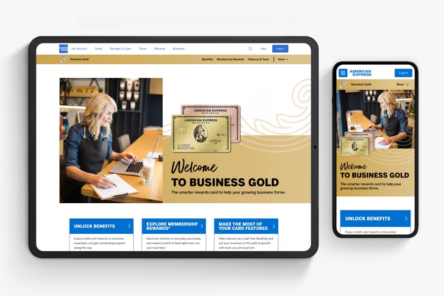 A tablet and smartphone lay open side-by-side, showing the Business Gold digital guide, with a gold and white color scheme.