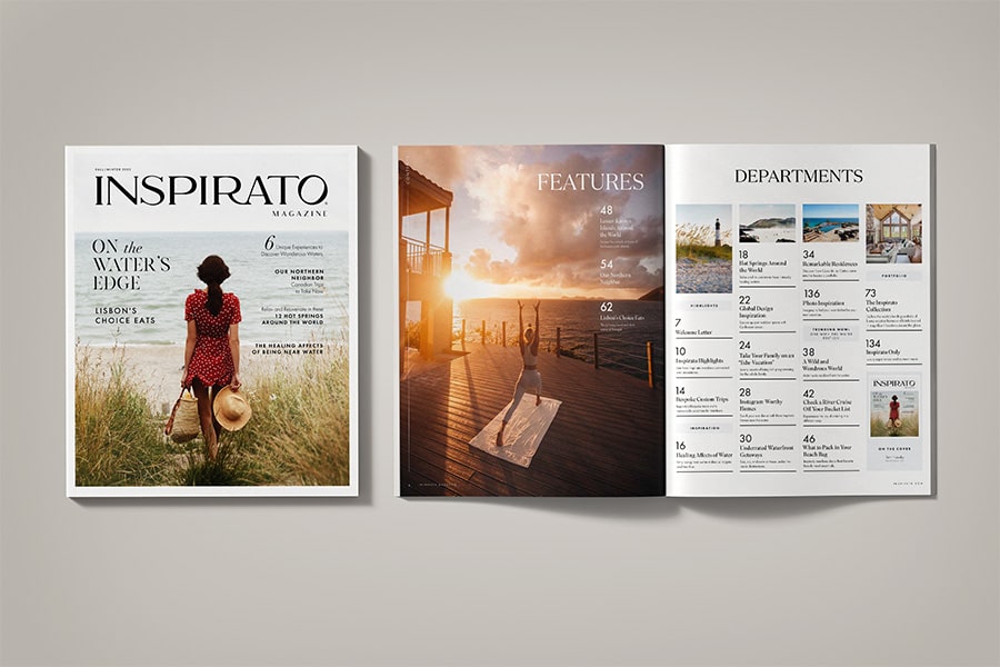 The same issue of the magazine is featured next to an open spread of a sleekly-designed table of contents.