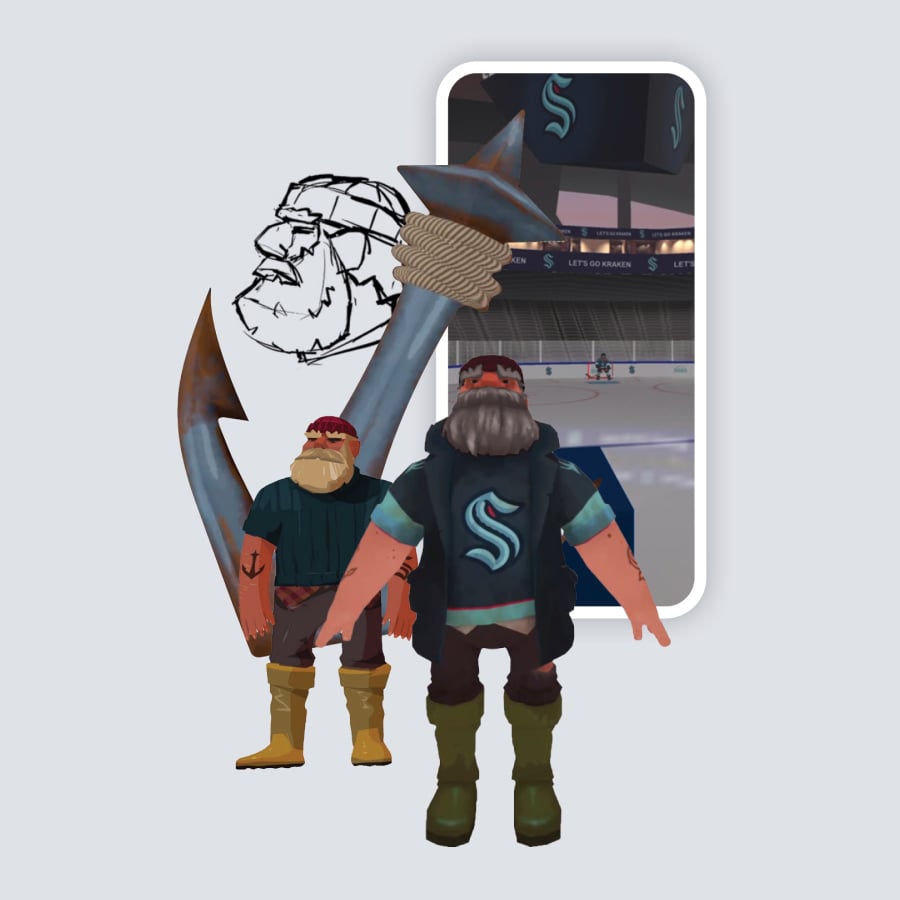 3D models of mariners and an anchor hang in front of a character sketch and a smartphone with a model of Climate Pledge Arena.