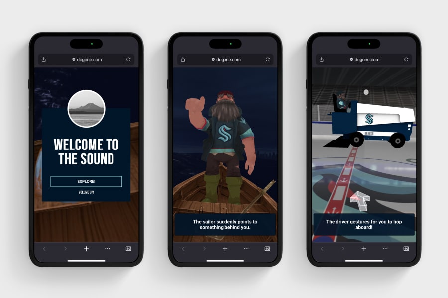 Three smartphones side-by-side depict the AR entry experience, the mariner in a boat, and a 3D zamboni driving over an AR rink.