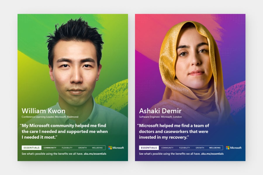 Two posters side-by-side feature individual employees, labeled with their names, job titles, and quotes about how benefits helped them.