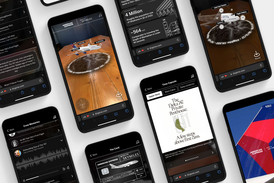 An array of smartphones show the 3D plane rendering, as well as statistics, audio clips, and schematics presented by the AR experience.
