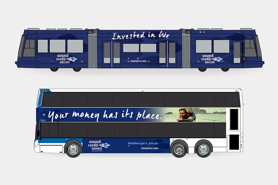 Illustrated mockups of a trolley and double-decker bus with wraparound ads featuring the Sound Credit Union logo and key marketing slogans.