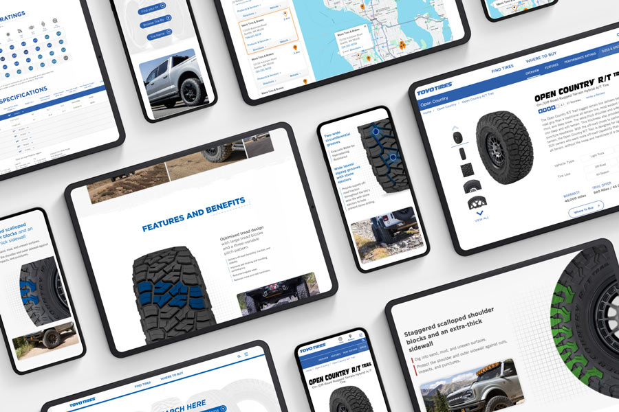 An array of tablets and smartphones show various pages from the Toyo website, including tire detailers and store finders.