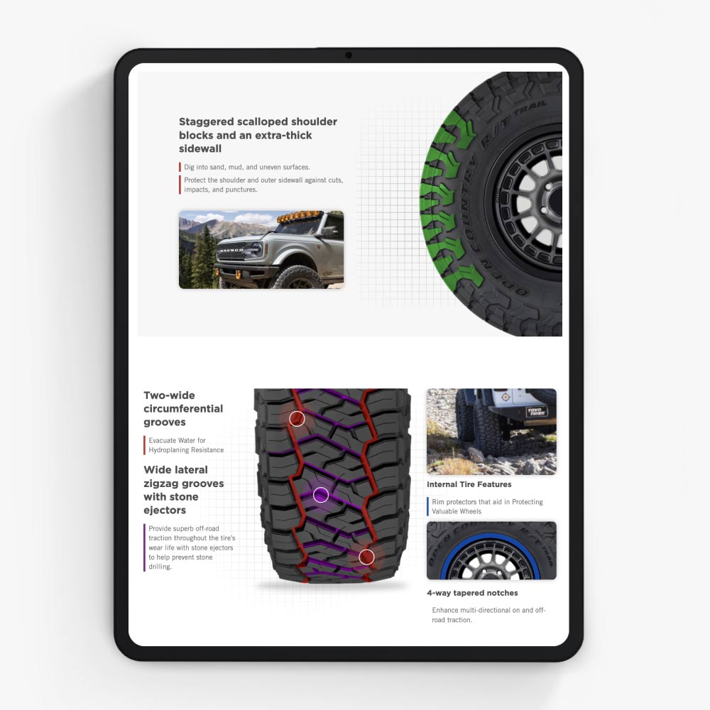 A laptop is open to a search page, allowing users to navigate by guided fit finders, tire categories, or tire names.